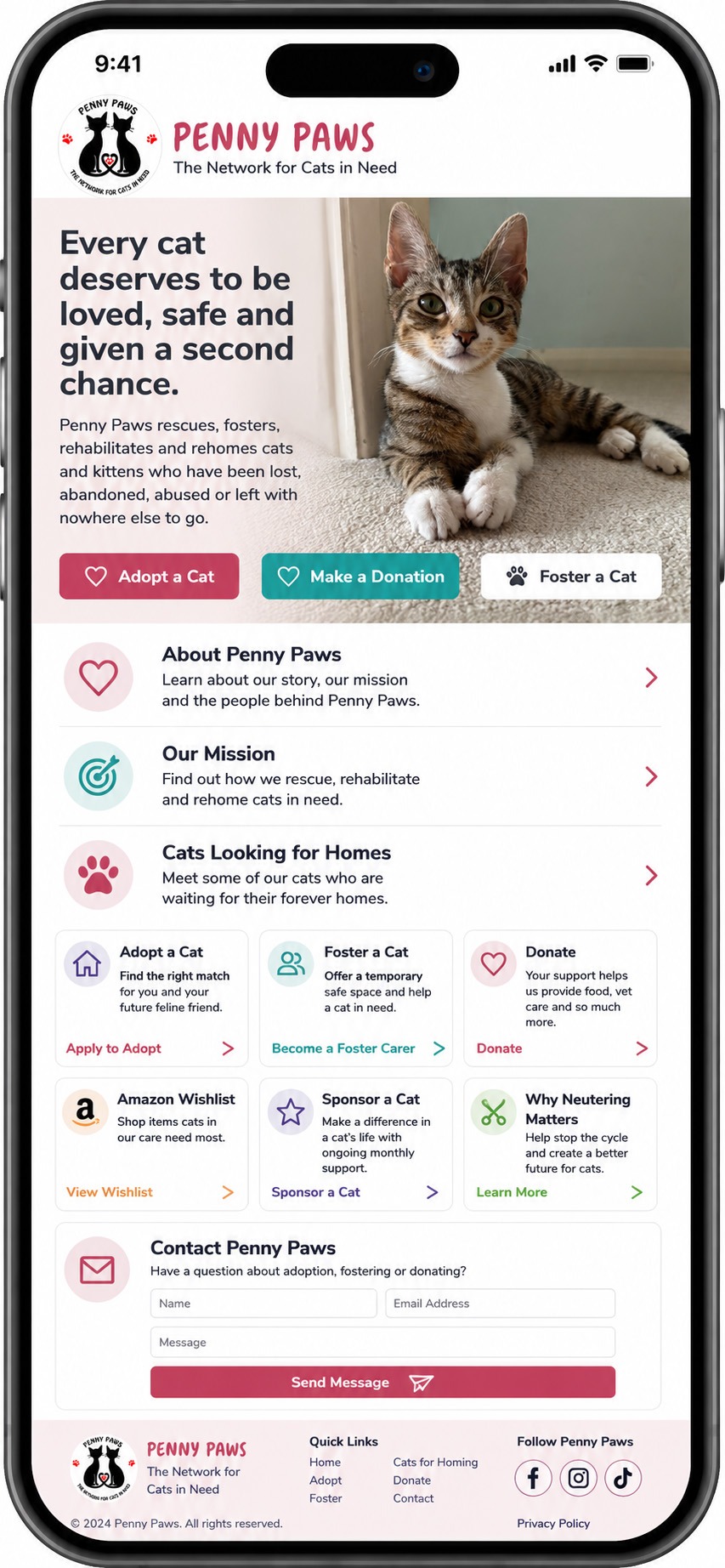 Penny Paws charity website on smartphone